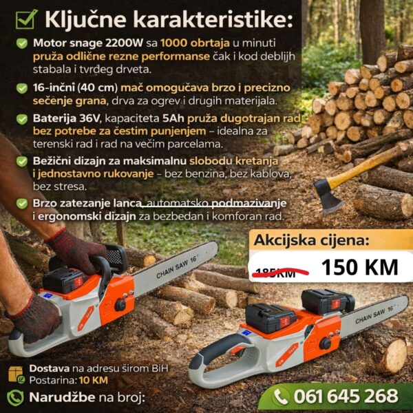 S Aku motorna testera 36V – 2200W | Mač 16 inča (40 cm)