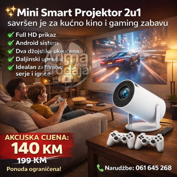 Mini Smart Projektor 2u1 – Gaming & Movie Projektor | Full HD | Android | Daljinski + Dva Džojstika