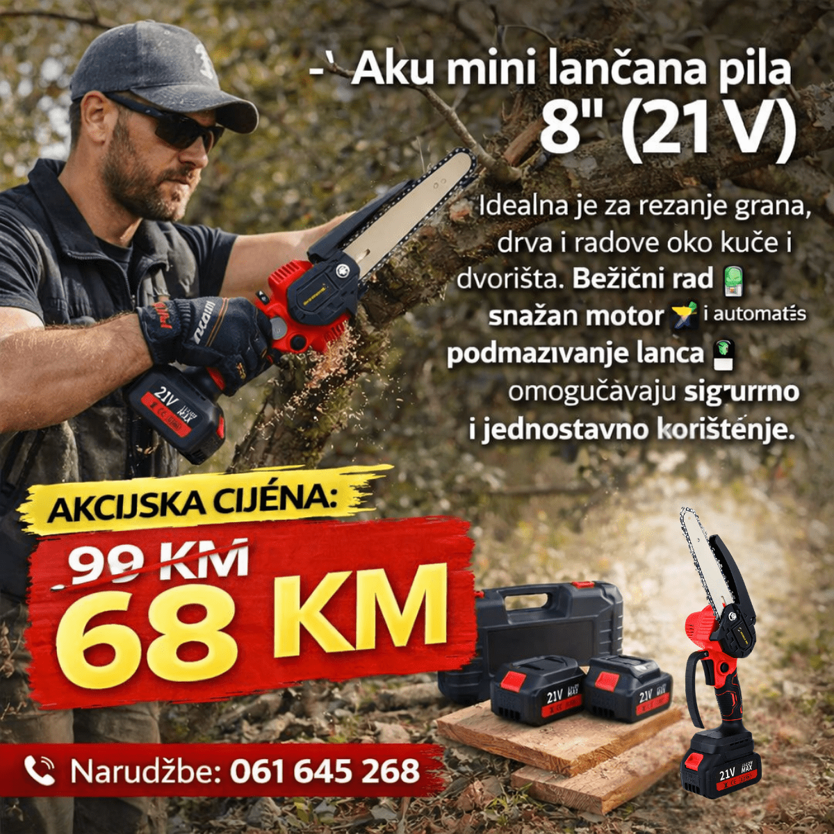 Aku mini lančana pila 8″ 21V – Bežična motorna pila sa 2 baterije i koferom
