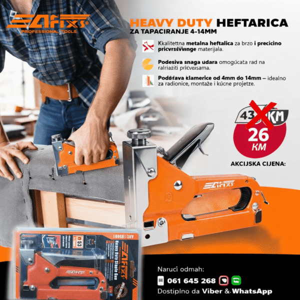AFIXS Heavy Duty Heftarica za Tapaciranje 4-14mm | Metalna Pištolj Heftarica sa Podesivom Snagom Udara