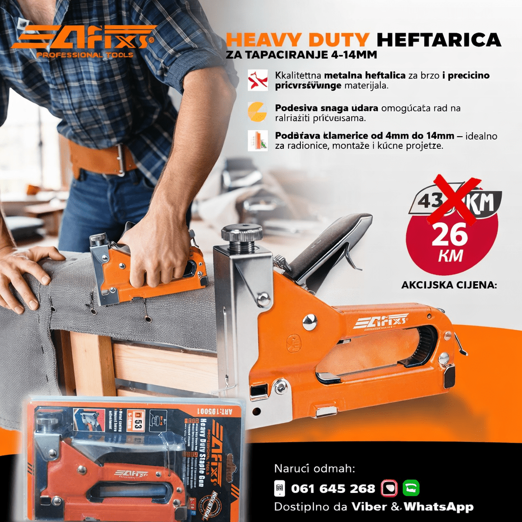 AFIXS Heavy Duty Heftarica za Tapaciranje 4-14mm | Metalna Pištolj Heftarica sa Podesivom Snagom Udara