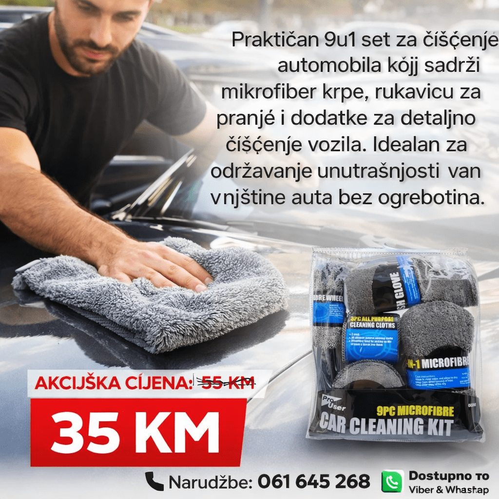 Set za čišćenje auta 9/1 – Mikrofiber Car Cleaning Kit – Krpe, rukavica i spužve za detaljno pranje vozila