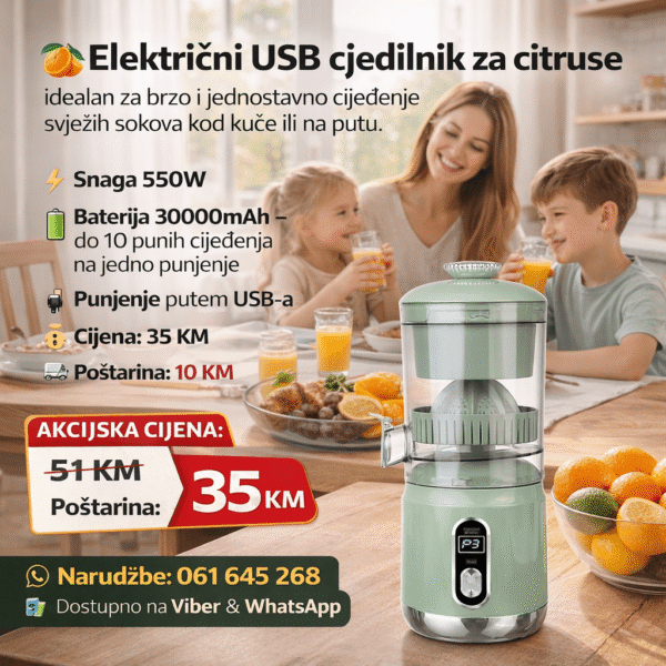Električni USB Cjedilnik za Citruse 550W | Bežični Sokovnik sa Baterijom 30000mAh