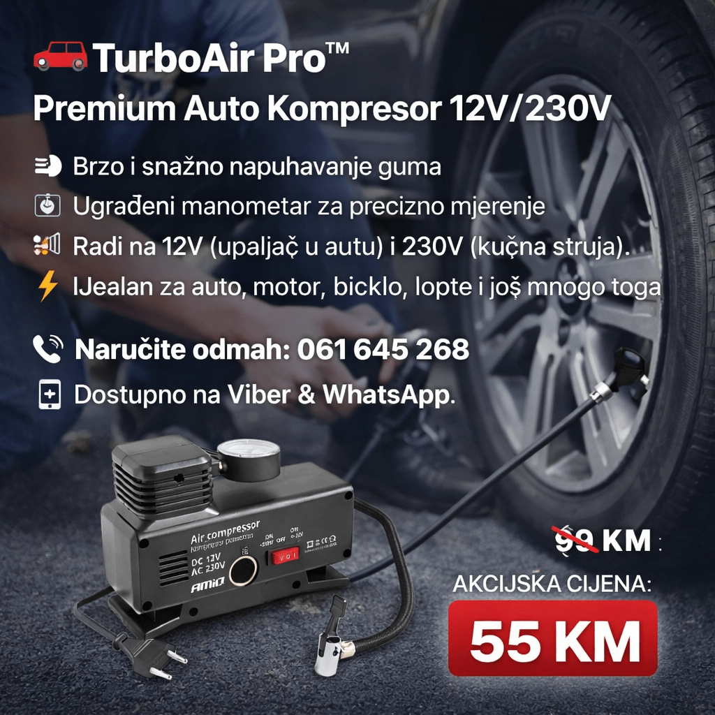 TurboAir Pro 12V/230V Premium Auto Kompresor sa Manometrom