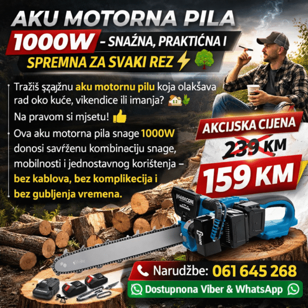 Aku Motorna Pila 1000W | 16” Mač (40 cm) | 4x 21V Baterije | Snažan Rez Bez Kabla ⚡🪵