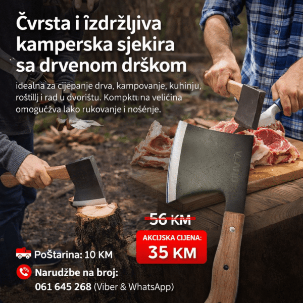 Kompaktna Sjekira sa Drvenom Drškom – Višenamjenska Ručna Sjekira za Drva ili Kuhinju