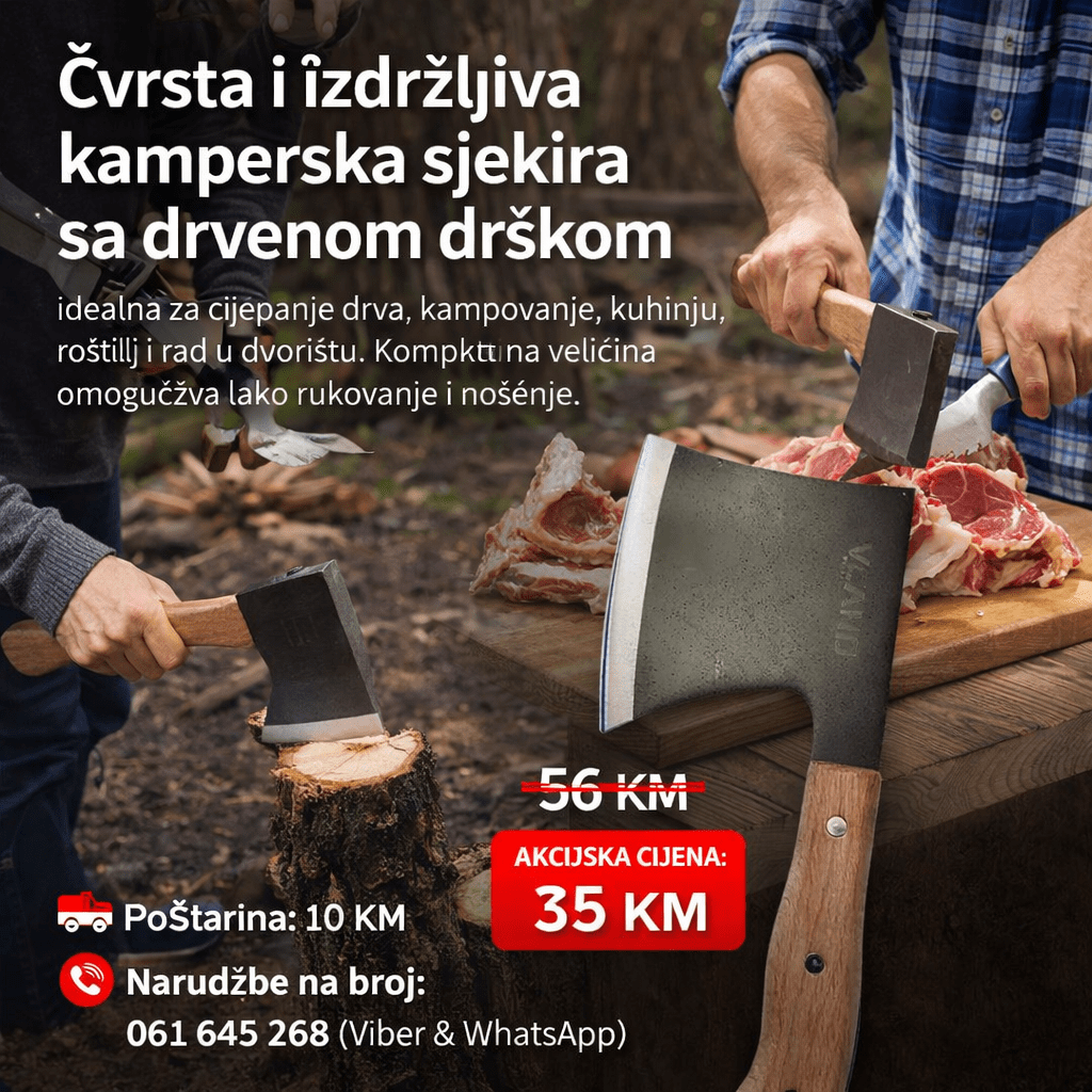 Kompaktna Sjekira sa Drvenom Drškom – Višenamjenska Ručna Sjekira za Drva ili Kuhinju