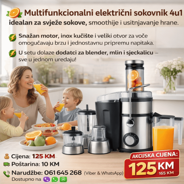 Multifunkcionalni Električni Sokovnik 4u1 – Blender, Mlin i Sjeckalica | Velika Snaga | Inox Dizajn
