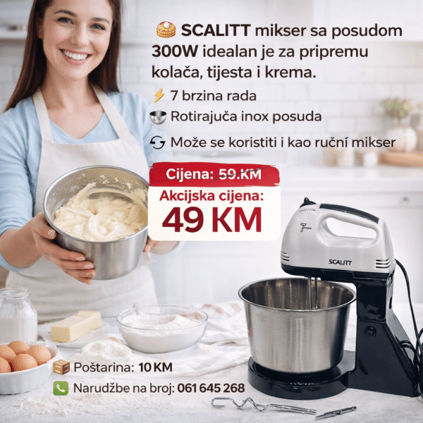 ChatGPT-Image-4.-ozu-2026.-09_20_44.png SCALITT Super 7 Brzina Mikser sa Posudom 300W – Rotirajuća Inox Posuda + 2 Nastavka