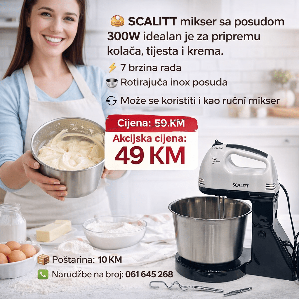 SCALITT Super 7 Brzina Mikser sa Posudom 300W – Rotirajuća Inox Posuda + 2 Nastavka