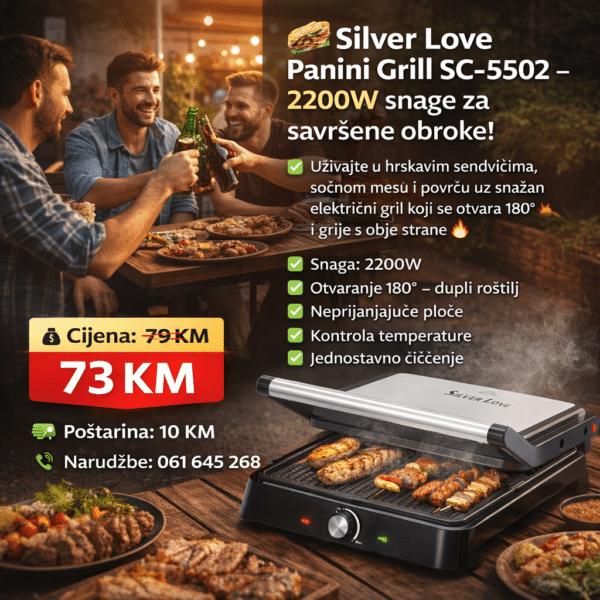 Silver Love Panini Grill SC-5502 2200W | Električni Kontaktni Gril 180° | Toster & Roštilj