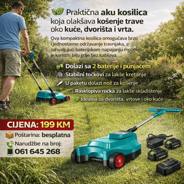 Aku Kosilica za Travu sa Točkovima – 2 Baterije, Punjač i Sklopiva Ručka