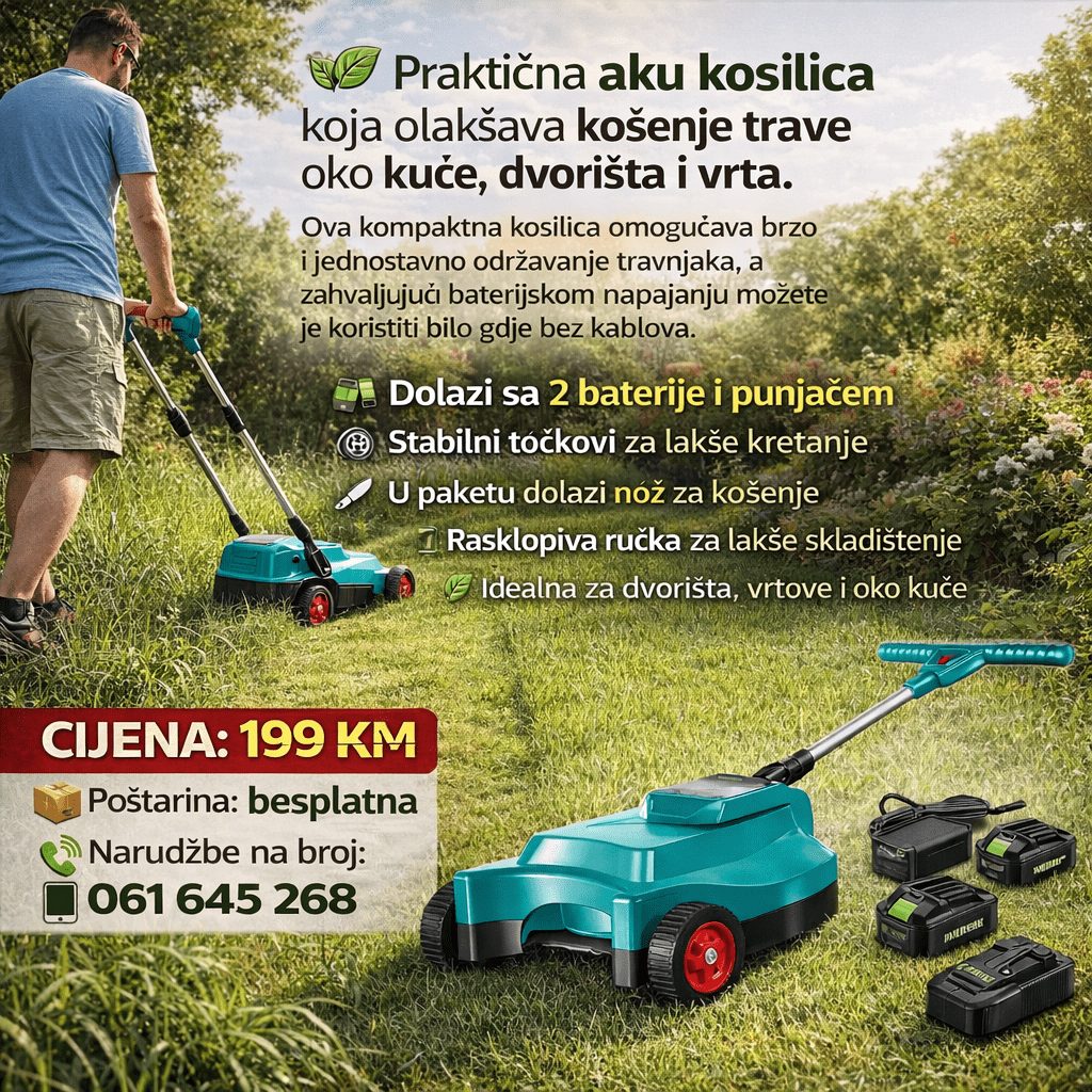 Aku Kosilica za Travu sa Točkovima – 2 Baterije, Punjač i Sklopiva Ručka